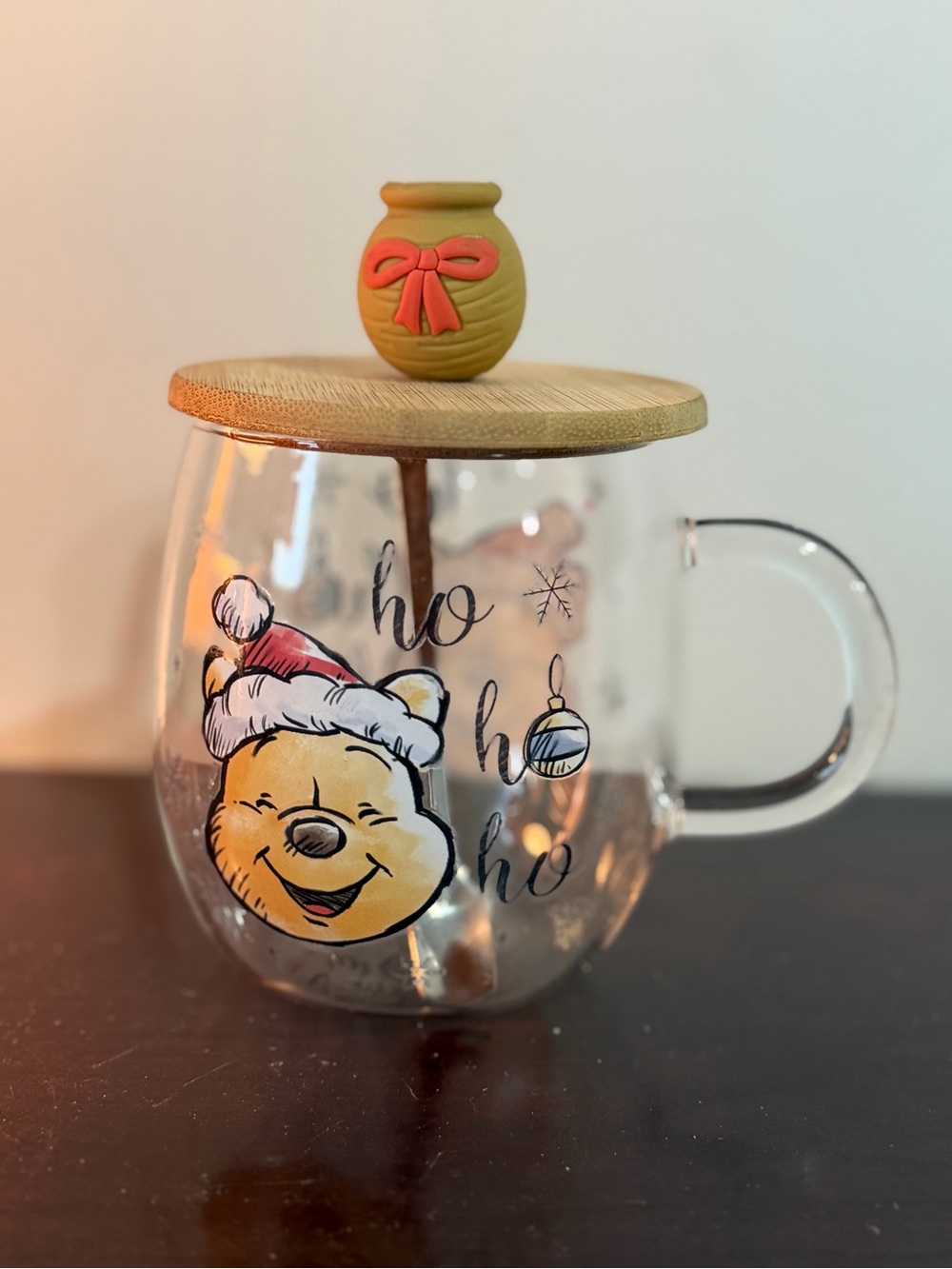 Disney Winnie the Pooh Christmas Glass Mug Bamboo Lid & Spoon Ho Ho Ho